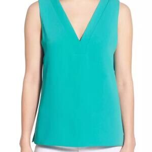 Cooper & Ella Ellie Double V Neck Tank Top Blouse Sleeveless Matte-crepe Teal